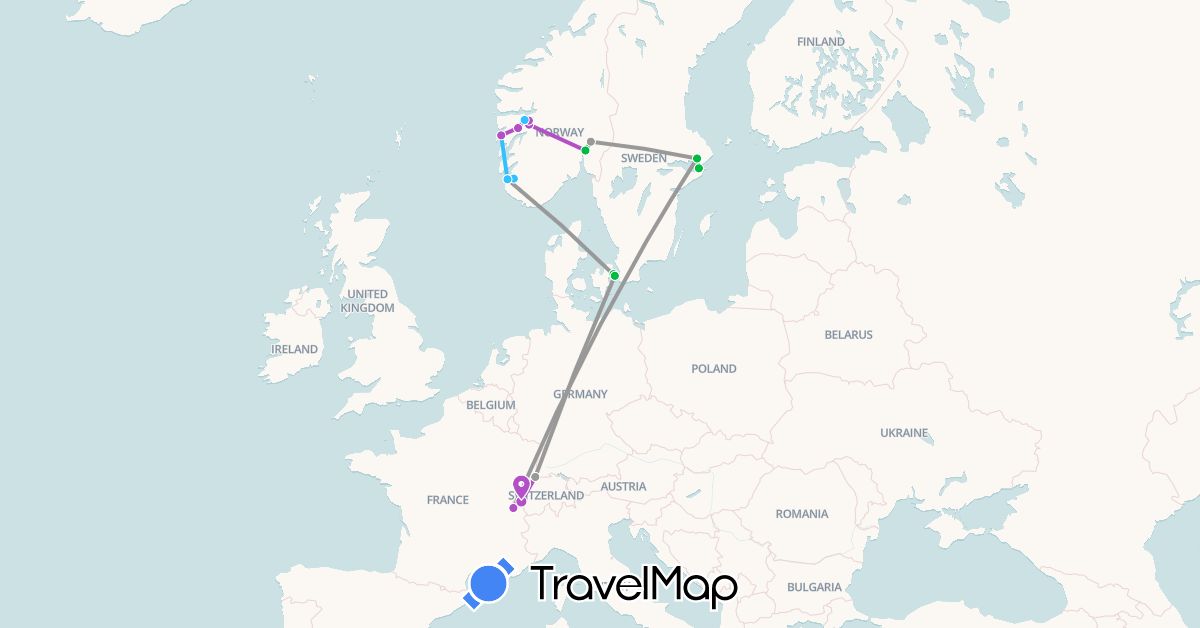 TravelMap itinerary: driving, bus, plane, train, boat in Switzerland, Denmark, France, Norway, Sweden (Europe)